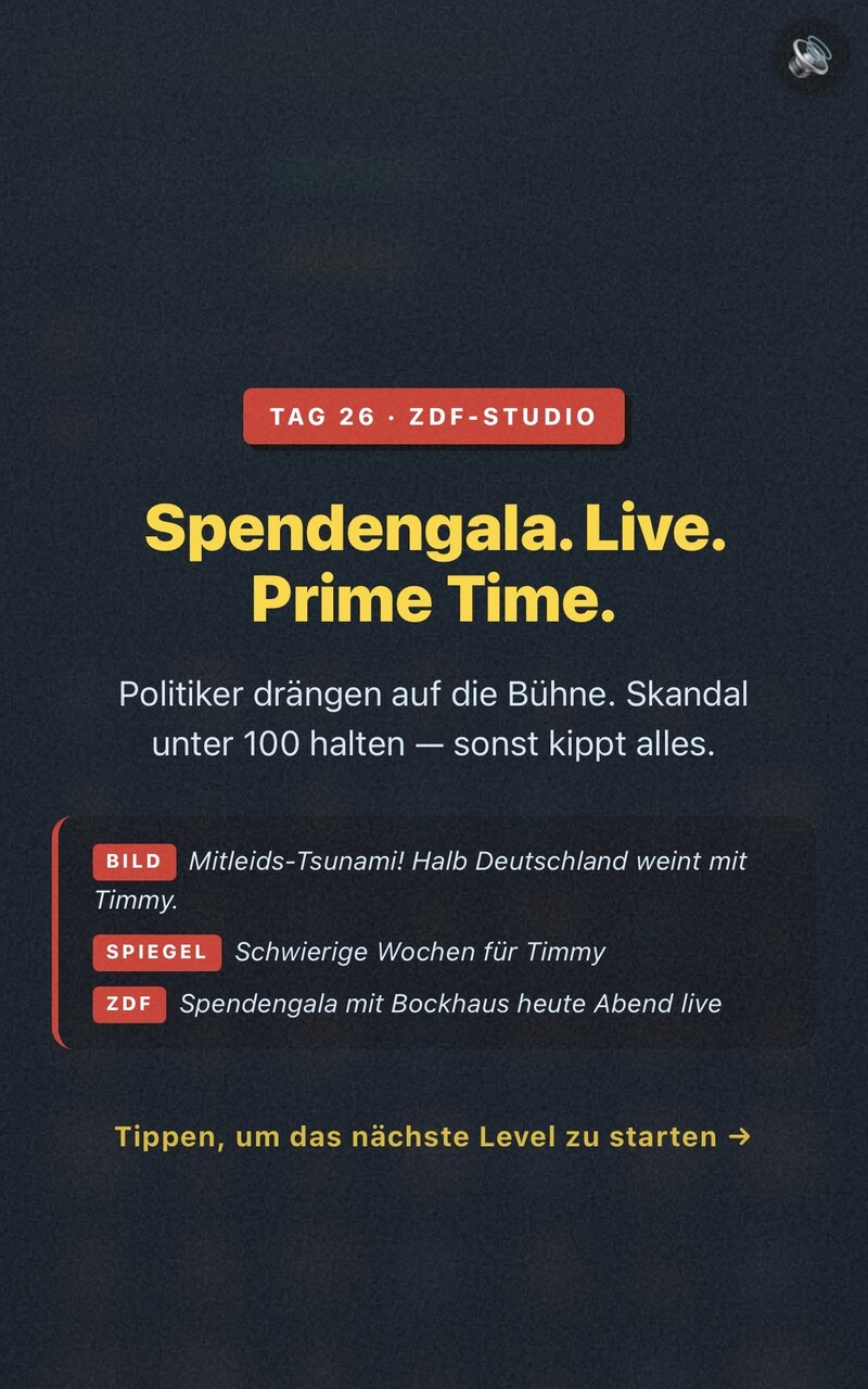 Pre-Level-Card mit Schlagzeilen-Ticker zwischen Leveln