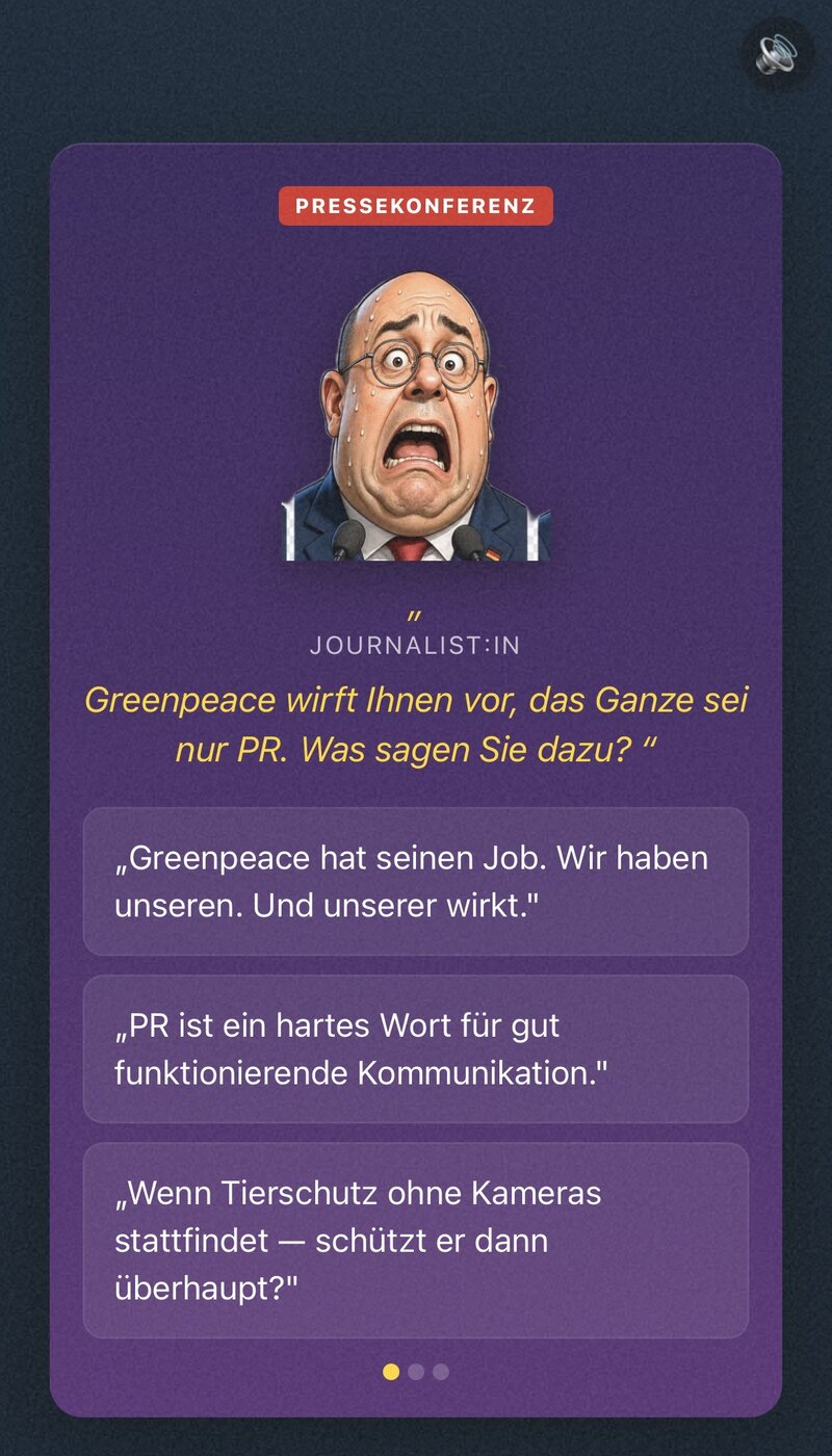 Pressekonferenz mit Bockhaus-Sprite, schwitzend, drei Antwortoptionen
