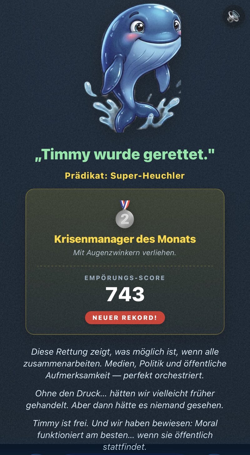 Endgame mit Wal-Illustration, Silbermedaille Krisenmanager des Monats, Empörungs-Score 743, Neuer-Rekord-Badge